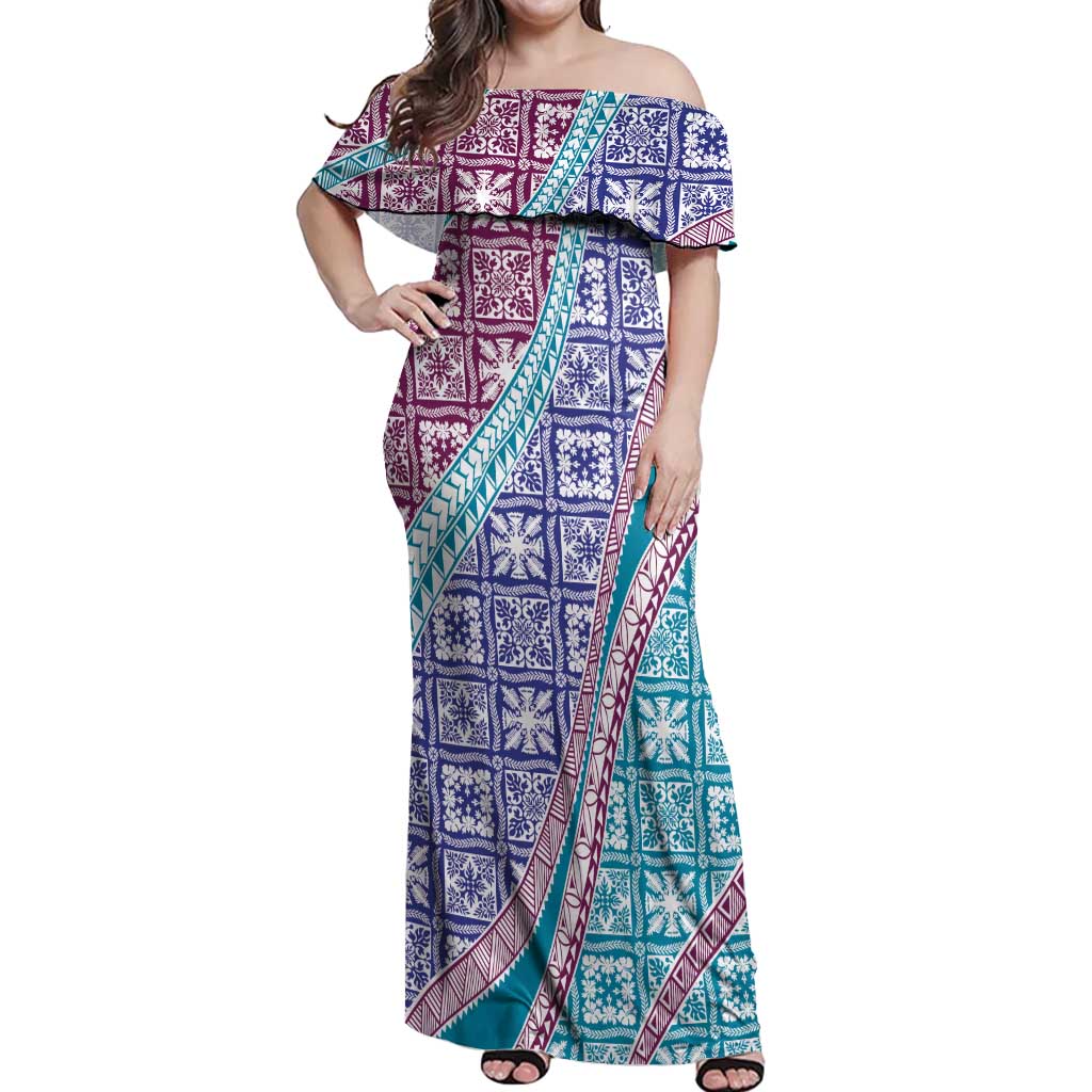 Hawaiian Quilt Pattern Off Shoulder Maxi Dress Purple Blue Color Mixed - Polynesian Pride