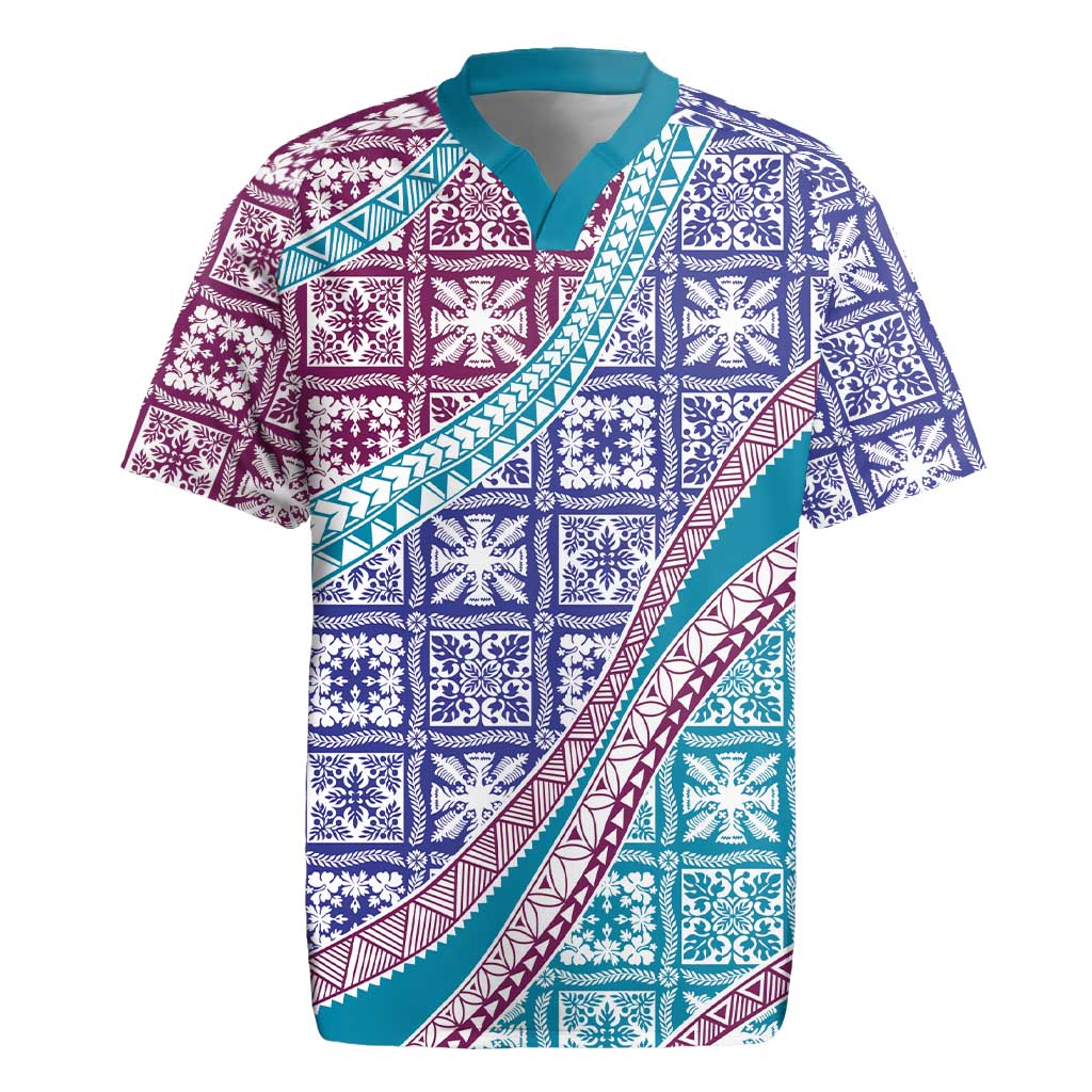 Hawaiian Quilt Pattern Rugby Jersey Purple Blue Color Mixed - Polynesian Pride