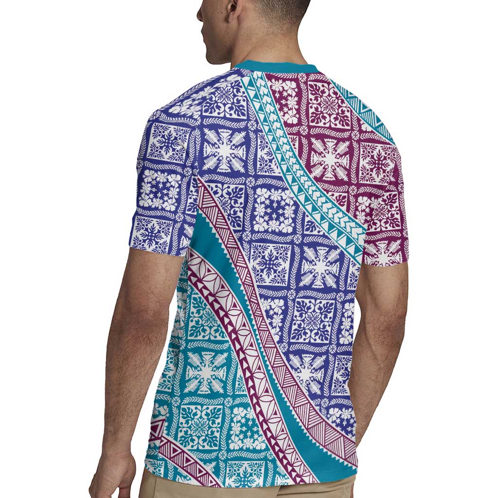 Hawaiian Quilt Pattern Rugby Jersey Purple Blue Color Mixed - Polynesian Pride