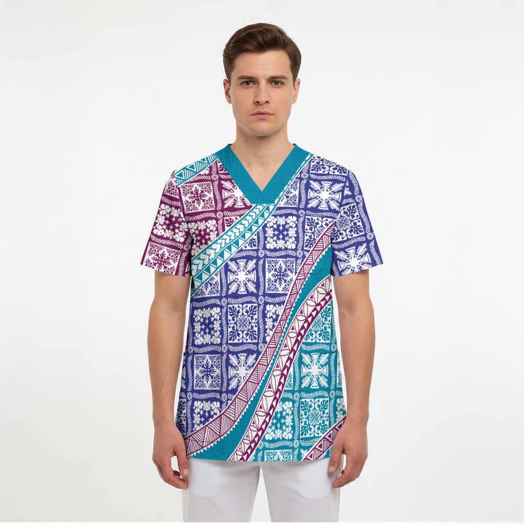 Hawaiian Quilt Pattern Scrub Top Purple Blue Color Mixed - Polynesian Pride