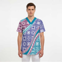 Hawaiian Quilt Pattern Scrub Top Purple Blue Color Mixed - Polynesian Pride
