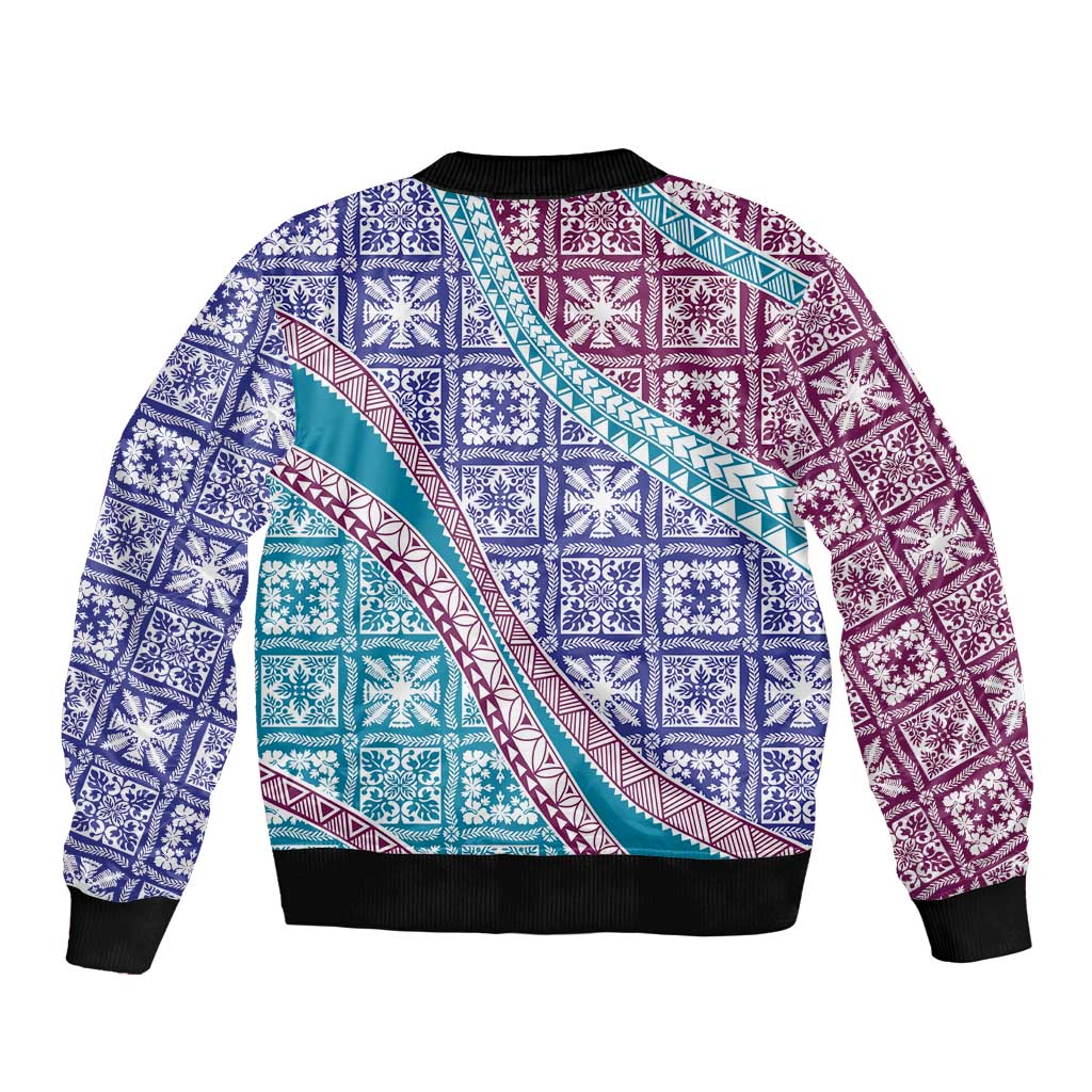 Hawaiian Quilt Pattern Sleeve Zip Bomber Jacket Purple Blue Color Mixed - Polynesian Pride
