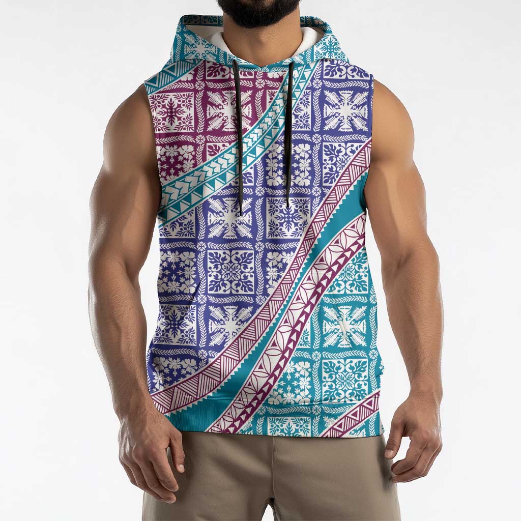 Hawaiian Quilt Pattern Sleeveless Hoodie Purple Blue Color Mixed - Polynesian Pride