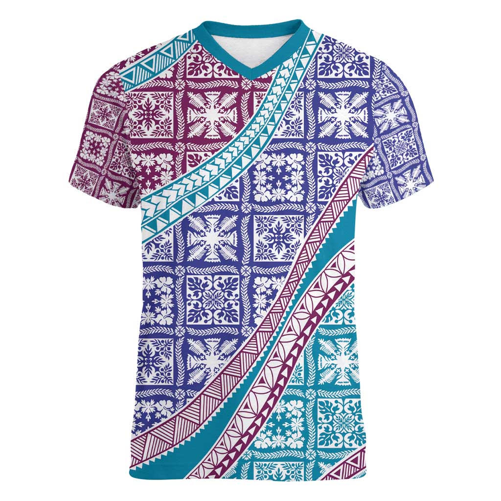 Hawaiian Quilt Pattern Women V-Neck T-Shirt Purple Blue Color Mixed - Polynesian Pride