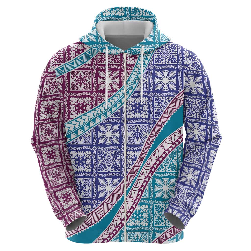 Hawaiian Quilt Pattern Zip Hoodie Purple Blue Color Mixed - Polynesian Pride