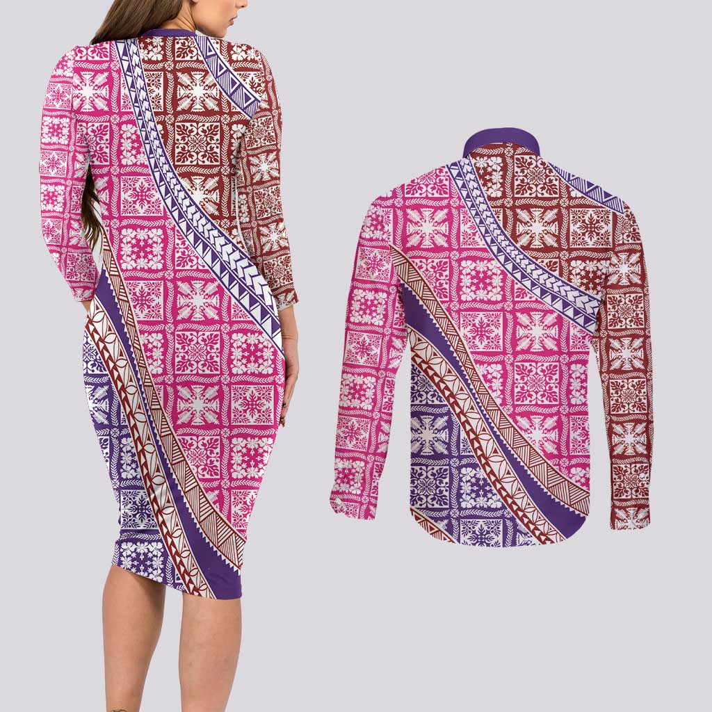 Hawaiian Quilt Pattern Couples Matching Long Sleeve Bodycon Dress and Long Sleeve Button Shirt Sweet Color Mixed - Polynesian Pride