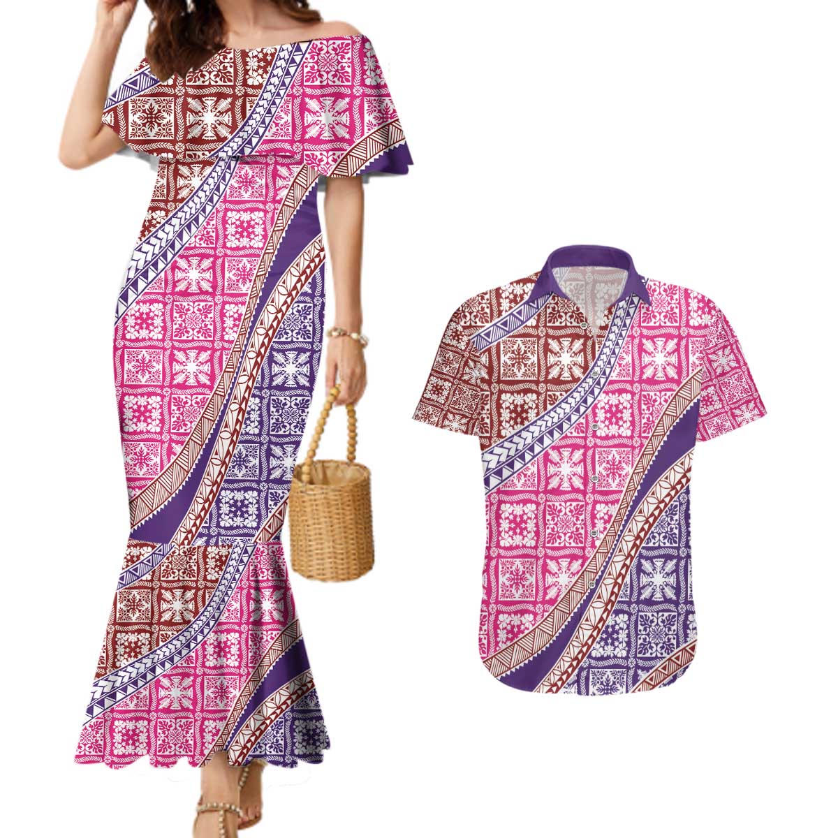 Hawaiian Quilt Pattern Couples Matching Mermaid Dress and Hawaiian Shirt Sweet Color Mixed - Polynesian Pride