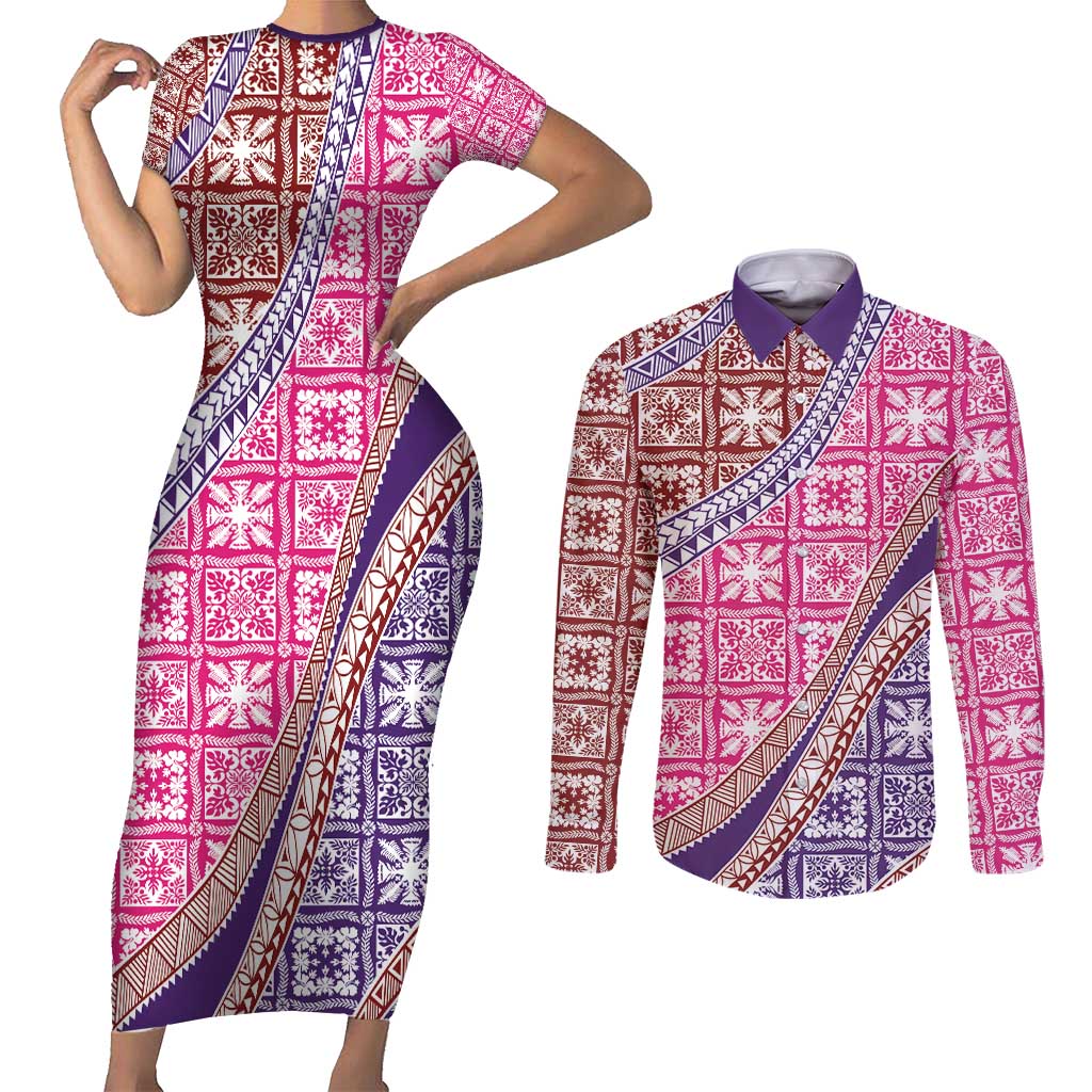 Hawaiian Quilt Pattern Couples Matching Short Sleeve Bodycon Dress and Long Sleeve Button Shirt Sweet Color Mixed - Polynesian Pride