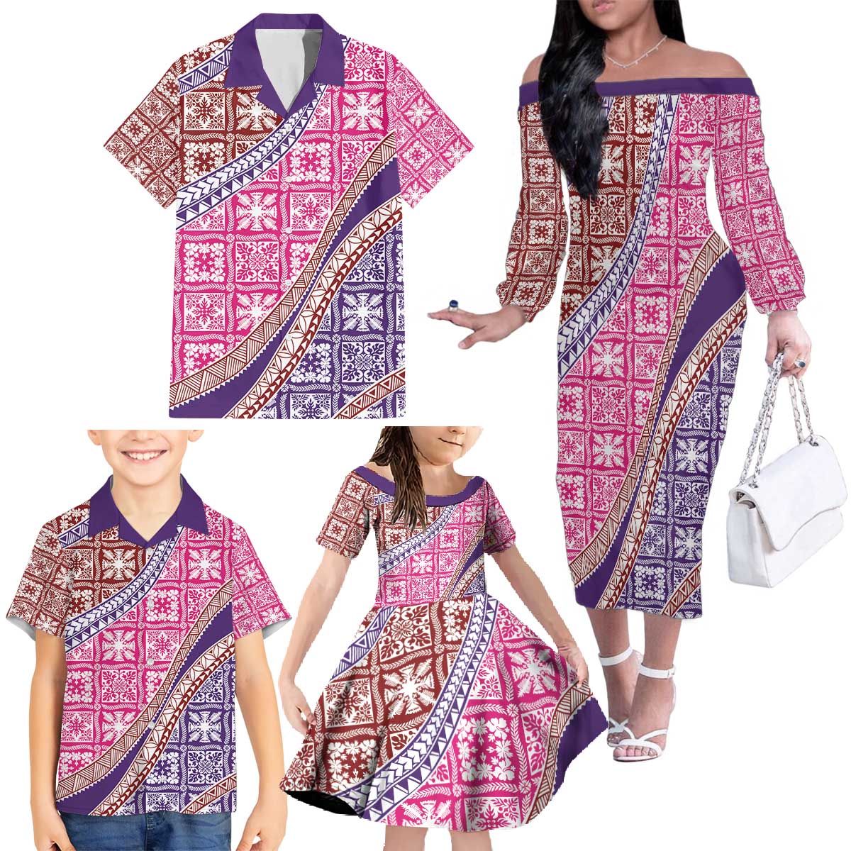 Hawaiian Quilt Pattern Family Matching Off The Shoulder Long Sleeve Dress and Hawaiian Shirt Sweet Color Mixed - Polynesian Pride
