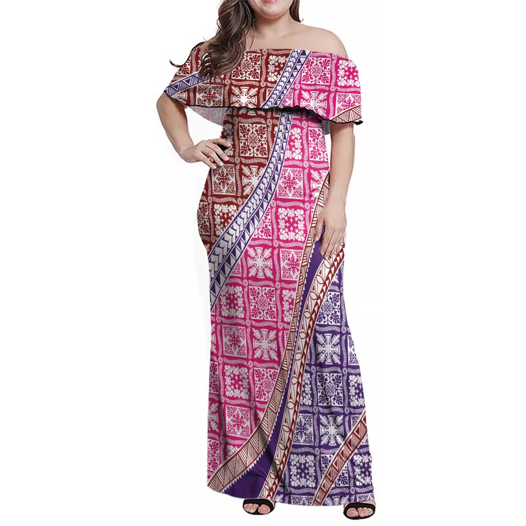 Hawaiian Quilt Pattern Family Matching Off Shoulder Maxi Dress and Hawaiian Shirt Sweet Color Mixed - Polynesian Pride