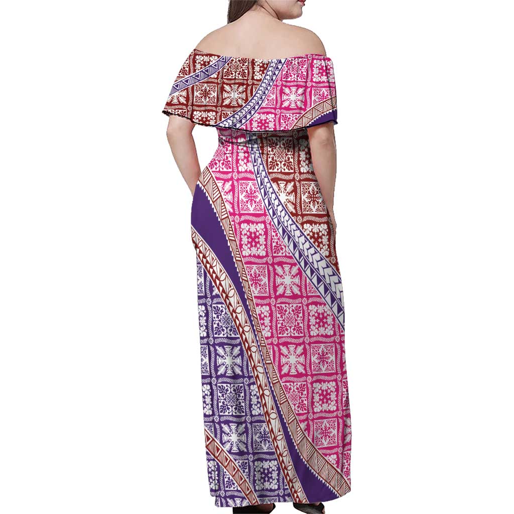 Hawaiian Quilt Pattern Family Matching Off Shoulder Maxi Dress and Hawaiian Shirt Sweet Color Mixed - Polynesian Pride