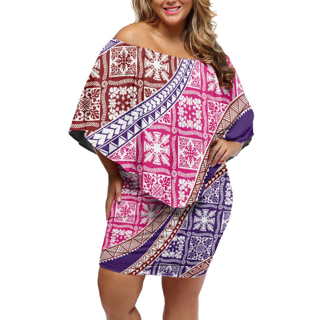 Hawaiian Quilt Pattern Family Matching Off Shoulder Short Dress and Hawaiian Shirt Sweet Color Mixed - Polynesian Pride