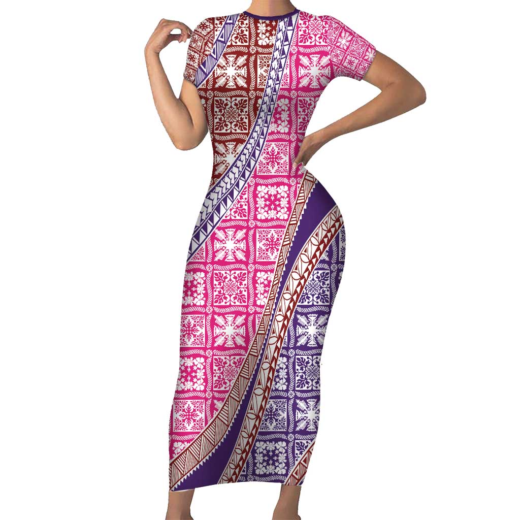 Hawaiian Quilt Pattern Family Matching Short Sleeve Bodycon Dress and Hawaiian Shirt Sweet Color Mixed - Polynesian Pride