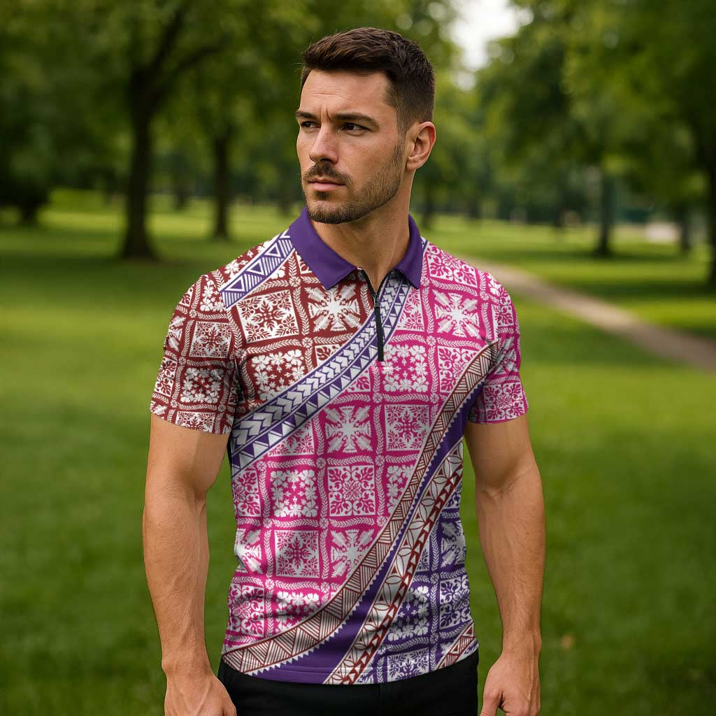 Hawaiian Quilt Pattern Zipper Polo Shirt Sweet Color Mixed - Polynesian Pride