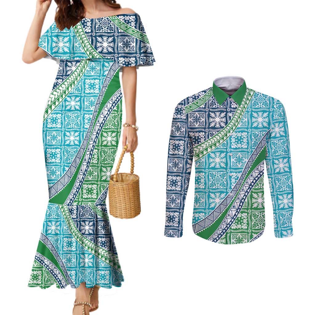 Hawaiian Quilt Pattern Couples Matching Mermaid Dress and Long Sleeve Button Shirt Fresh Color Mixed - Polynesian Pride