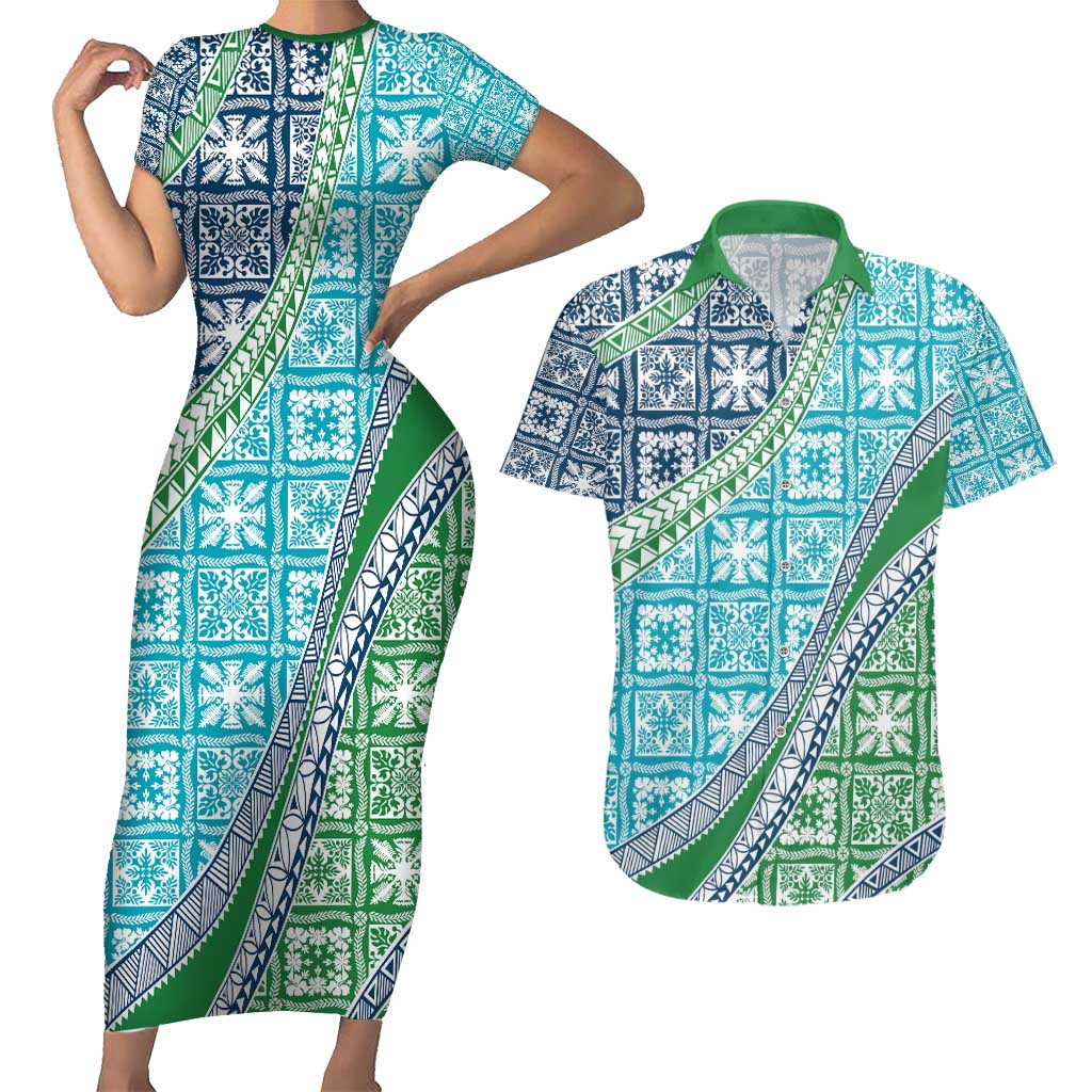 Hawaiian Quilt Pattern Couples Matching Short Sleeve Bodycon Dress and Hawaiian Shirt Fresh Color Mixed - Polynesian Pride
