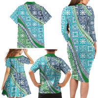Hawaiian Quilt Pattern Family Matching Long Sleeve Bodycon Dress and Hawaiian Shirt Fresh Color Mixed - Polynesian Pride