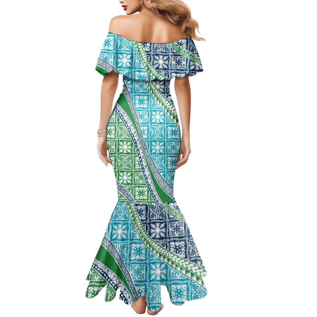 Hawaiian Quilt Pattern Family Matching Mermaid Dress and Hawaiian Shirt Fresh Color Mixed - Polynesian Pride