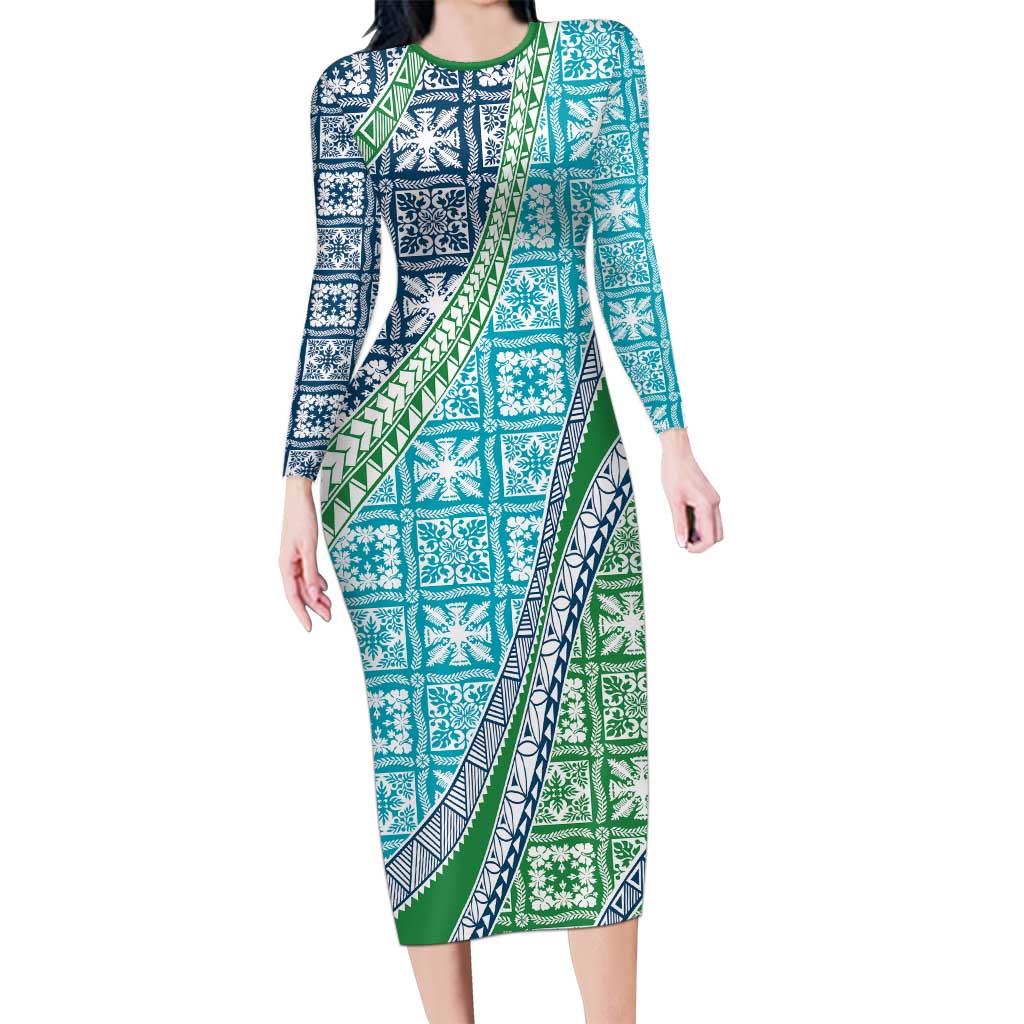 Hawaiian Quilt Pattern Long Sleeve Bodycon Dress Fresh Color Mixed - Polynesian Pride