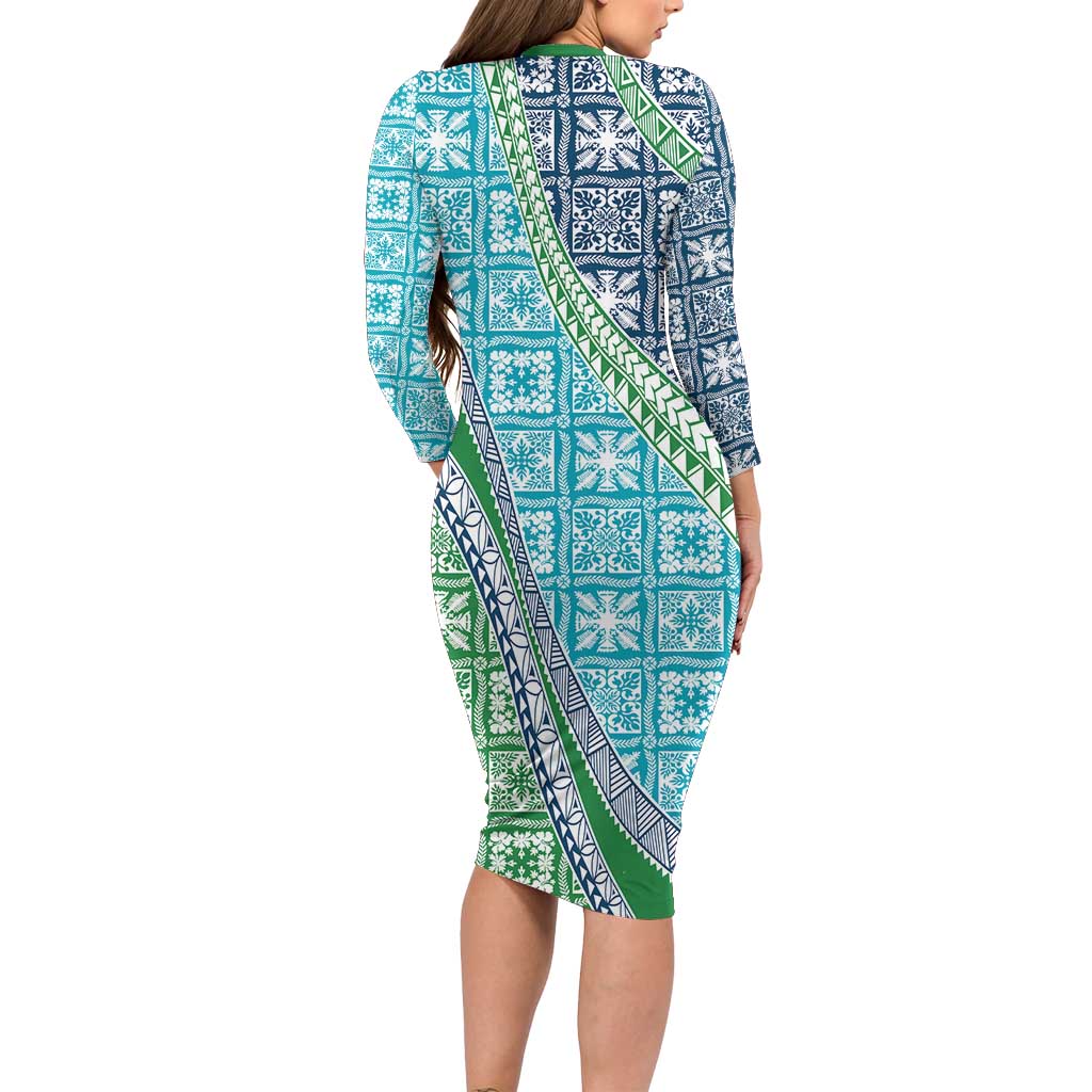 Hawaiian Quilt Pattern Long Sleeve Bodycon Dress Fresh Color Mixed - Polynesian Pride