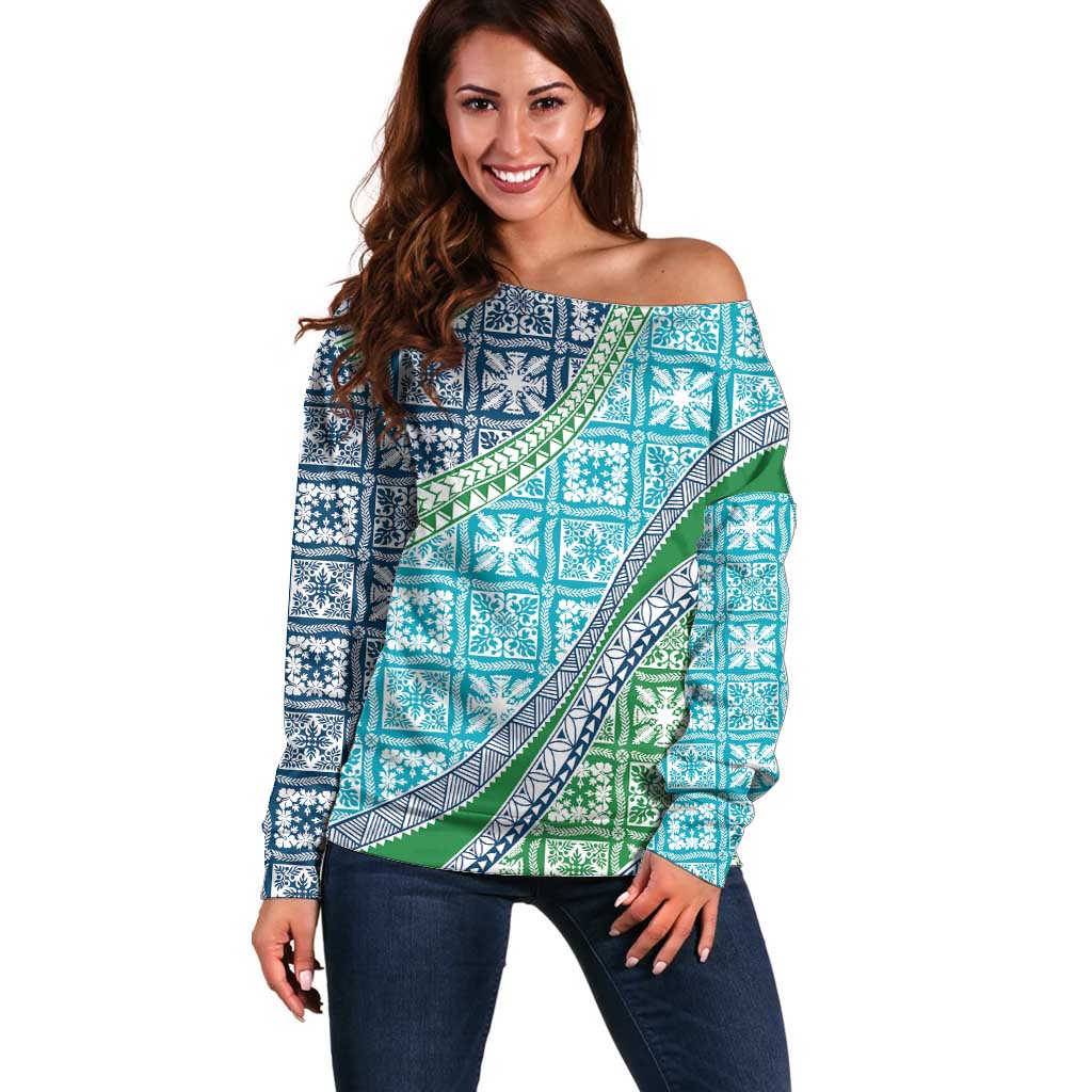 Hawaiian Quilt Pattern Off Shoulder Sweater Fresh Color Mixed - Polynesian Pride