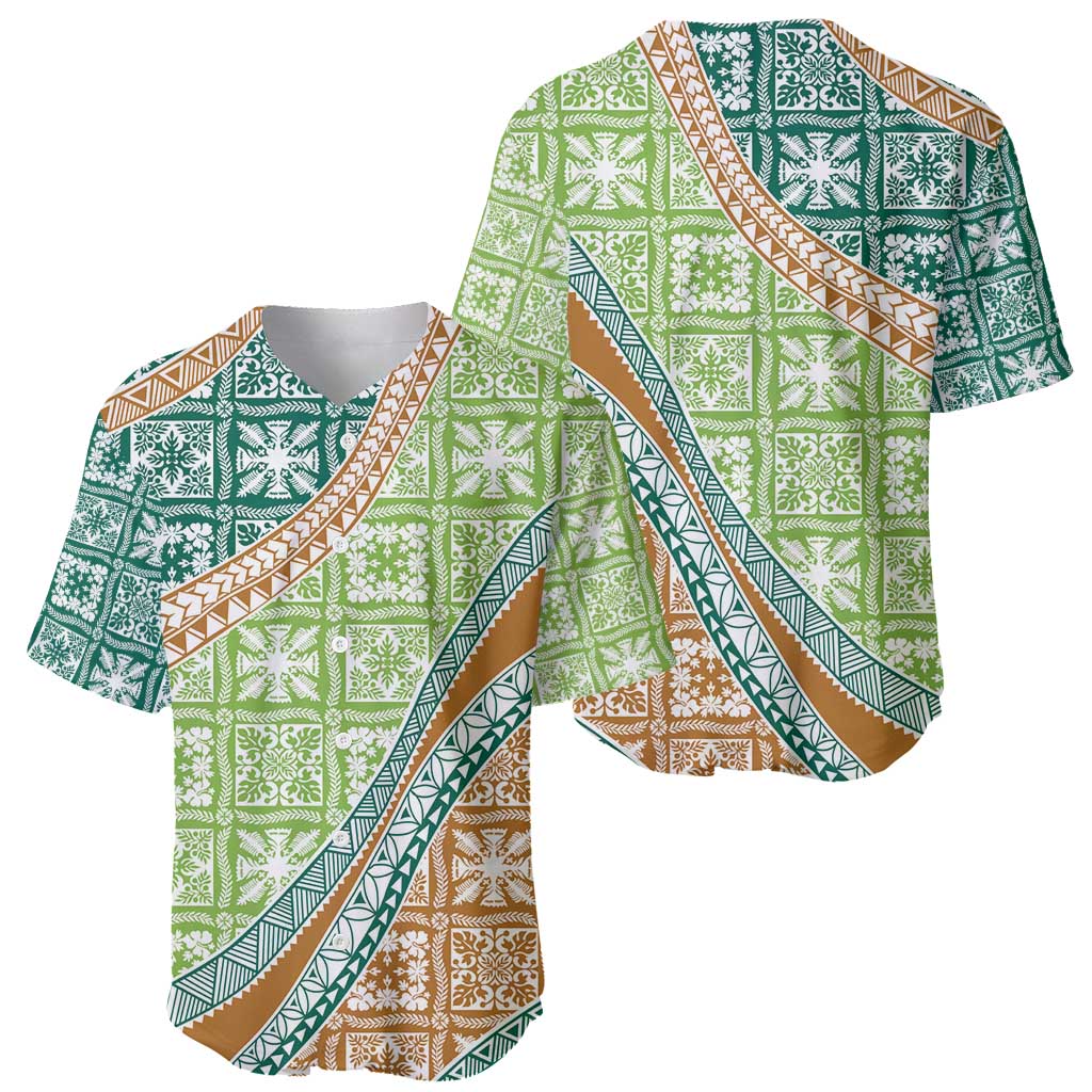 Hawaiian Quilt Pattern Baseball Jersey Green Chestnut Color Mixed - Polynesian Pride