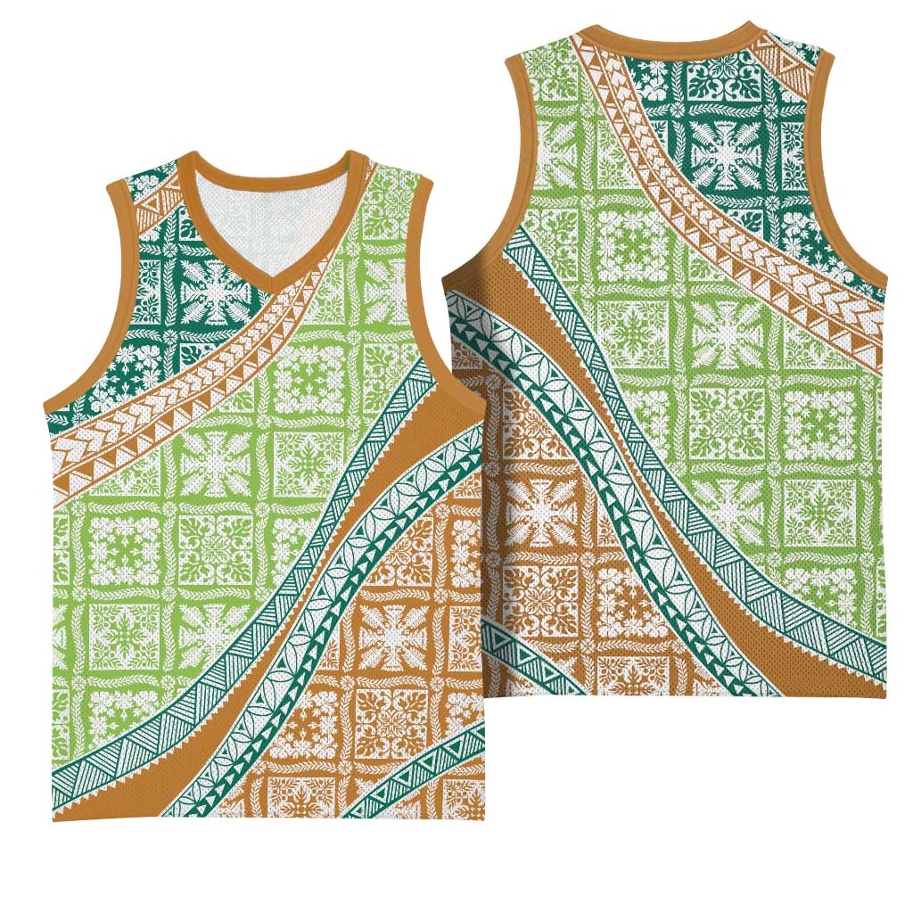 Hawaiian Quilt Pattern Basketball Jersey Green Chestnut Color Mixed - Polynesian Pride