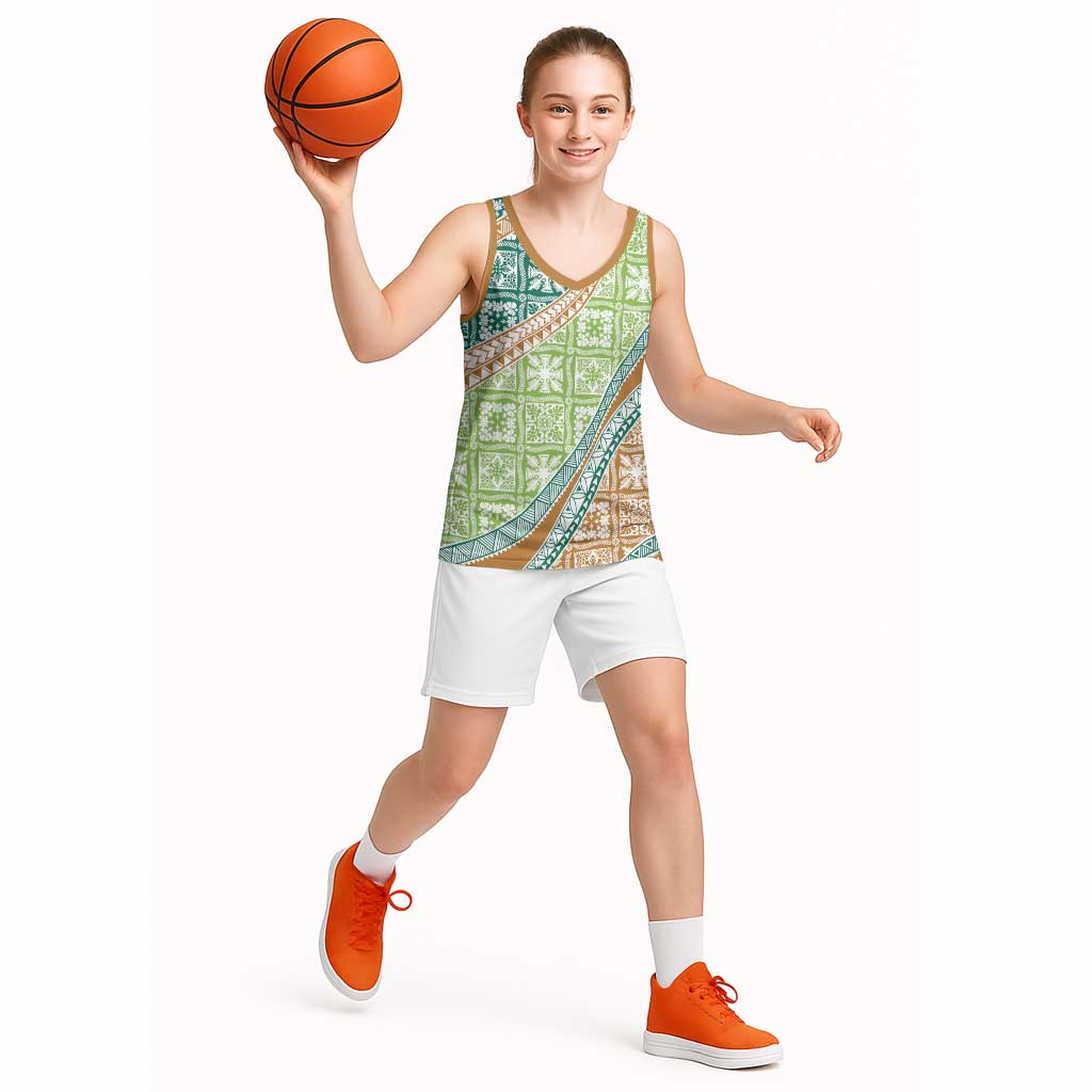 Hawaiian Quilt Pattern Basketball Jersey Green Chestnut Color Mixed - Polynesian Pride