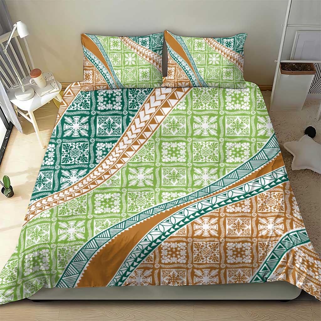 Hawaiian Quilt Pattern Bedding Set Green Chestnut Color Mixed - Polynesian Pride