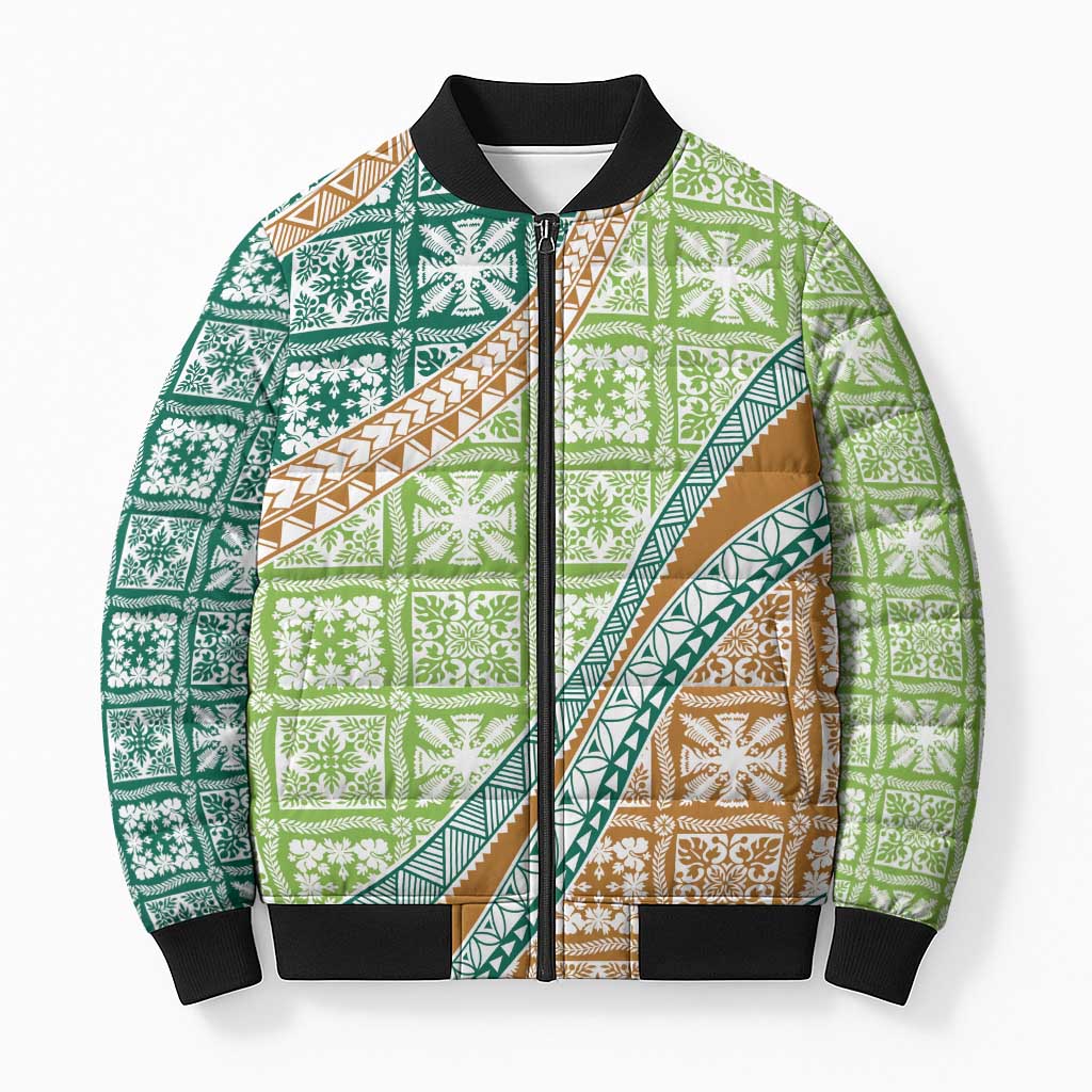 Hawaiian Quilt Pattern Bomber Puffer Jacket Green Chestnut Color Mixed - Polynesian Pride