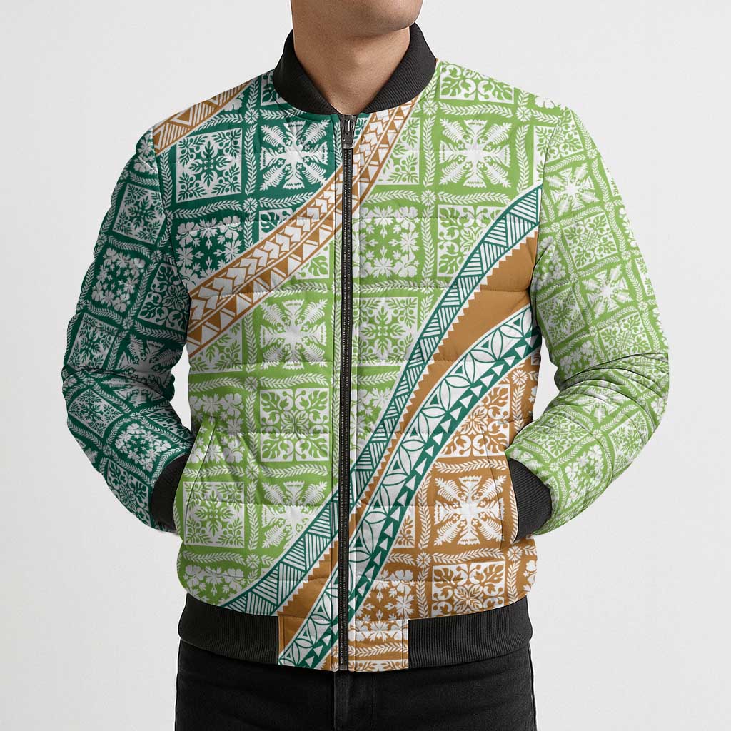 Hawaiian Quilt Pattern Bomber Puffer Jacket Green Chestnut Color Mixed - Polynesian Pride