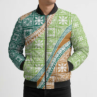 Hawaiian Quilt Pattern Bomber Puffer Jacket Green Chestnut Color Mixed - Polynesian Pride