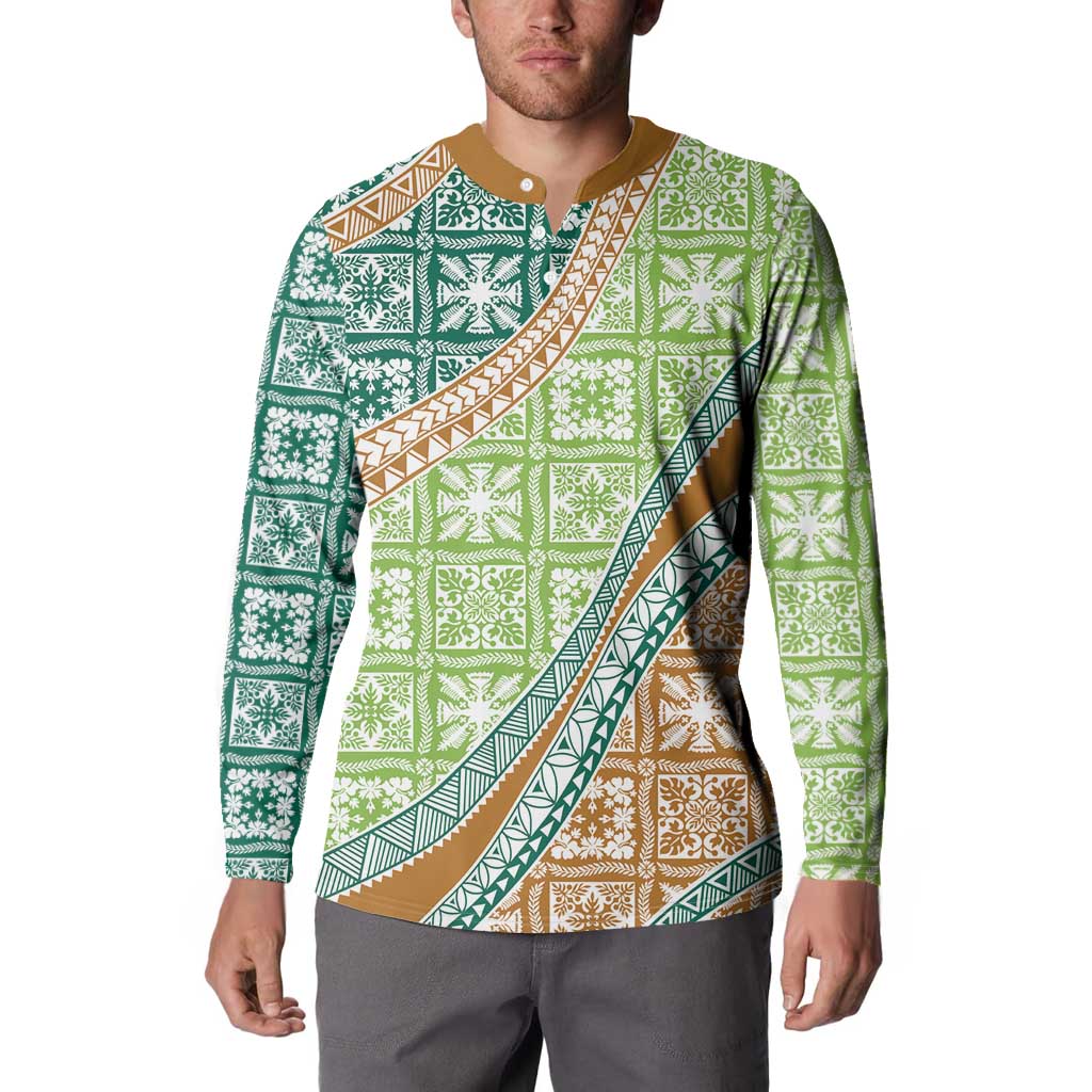 Hawaiian Quilt Pattern Button Sweatshirt Green Chestnut Color Mixed - Polynesian Pride