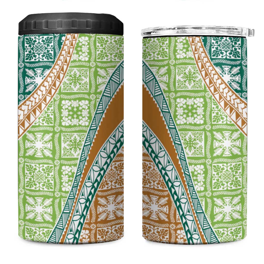 Hawaiian Quilt Pattern 4 in 1 Can Cooler Tumbler Green Chestnut Color Mixed - Polynesian Pride