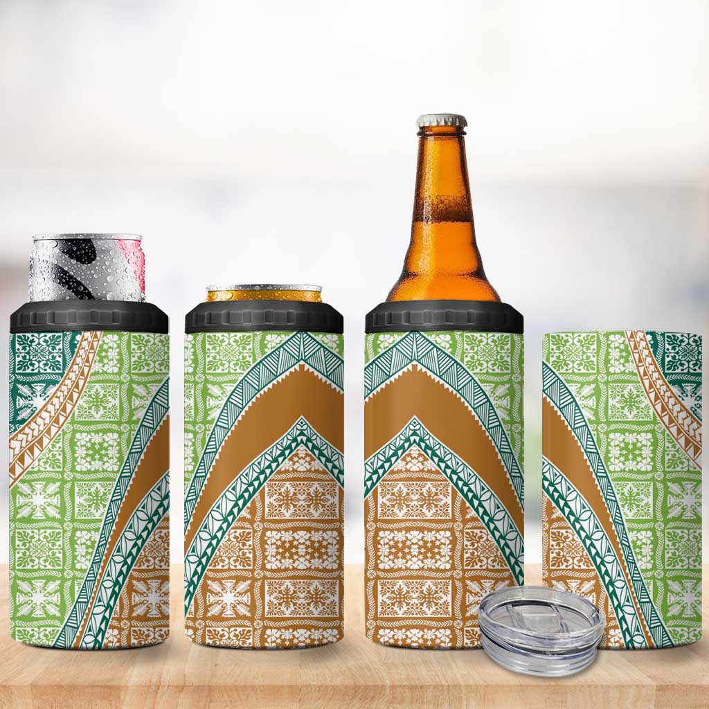 Hawaiian Quilt Pattern 4 in 1 Can Cooler Tumbler Green Chestnut Color Mixed - Polynesian Pride
