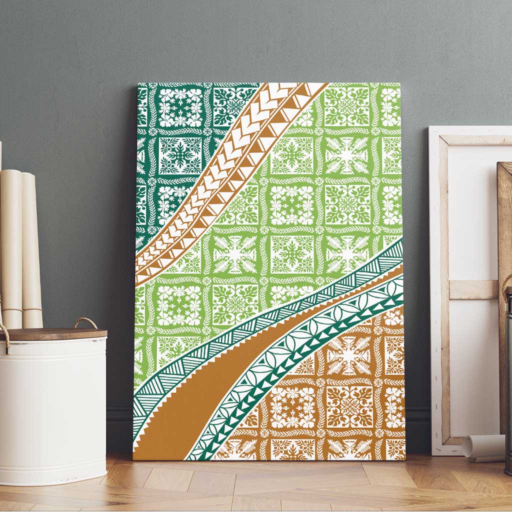 Hawaiian Quilt Pattern Canvas Wall Art Green Chestnut Color Mixed - Polynesian Pride