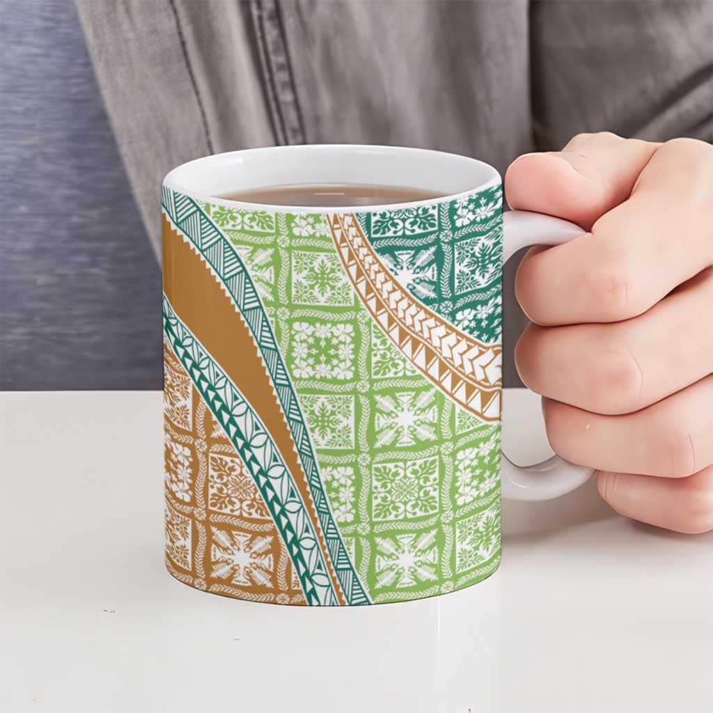 Hawaiian Quilt Pattern Ceramic Mug Green Chestnut Color Mixed - Polynesian Pride