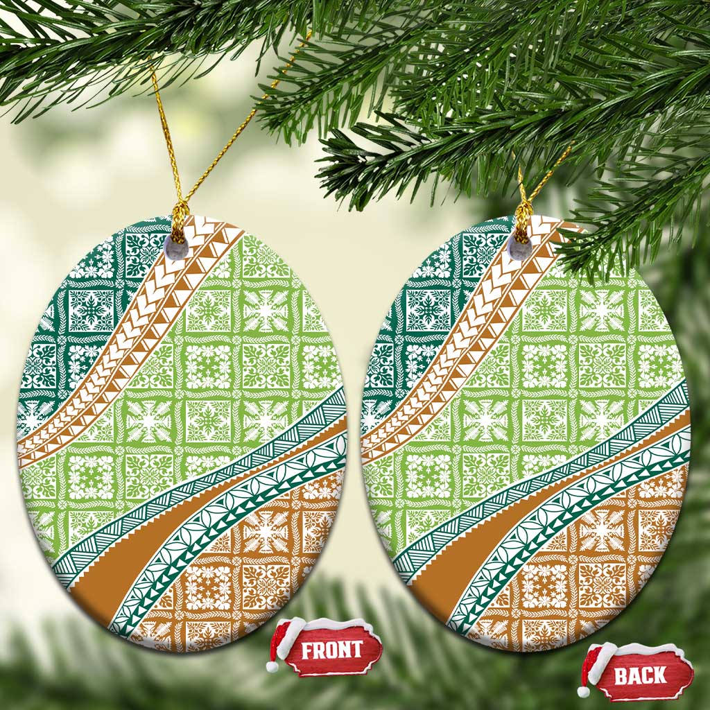 Hawaiian Quilt Pattern Ceramic Ornament Green Chestnut Color Mixed - Polynesian Pride