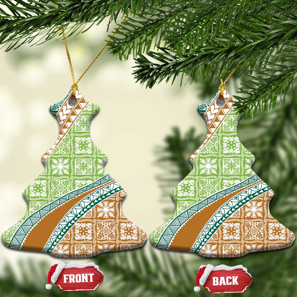 Hawaiian Quilt Pattern Ceramic Ornament Green Chestnut Color Mixed - Polynesian Pride