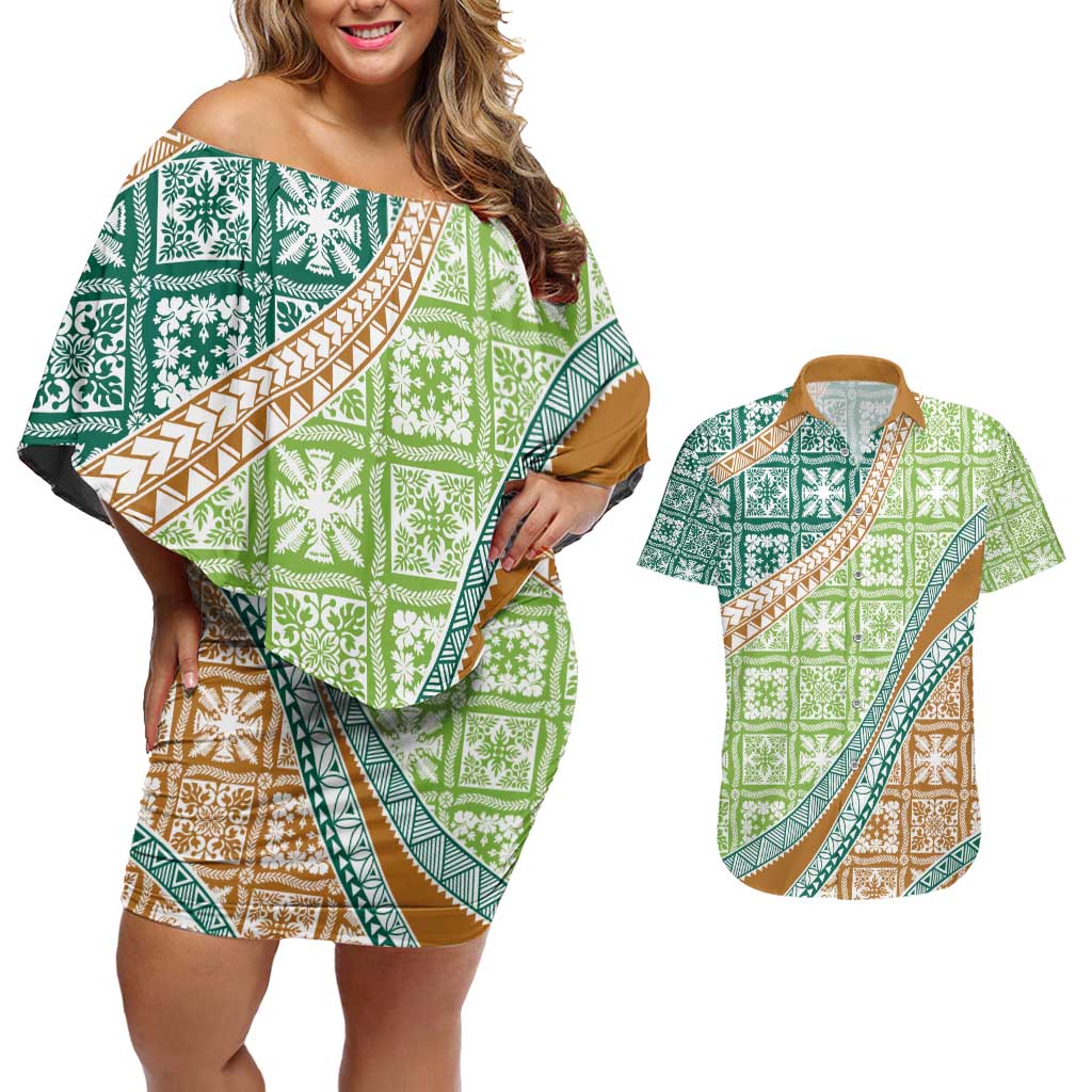 Hawaiian Quilt Pattern Couples Matching Off Shoulder Short Dress and Hawaiian Shirt Green Chestnut Color Mixed - Polynesian Pride