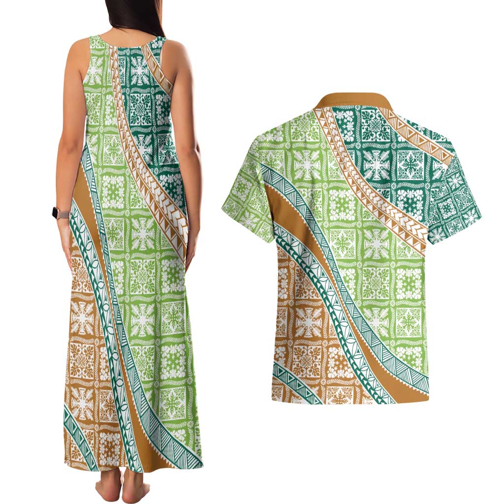 Hawaiian Quilt Pattern Couples Matching Tank Maxi Dress and Hawaiian Shirt Green Chestnut Color Mixed - Polynesian Pride