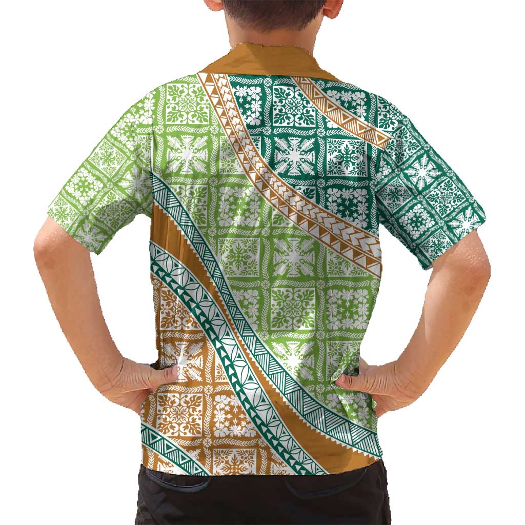 Hawaiian Quilt Pattern Family Matching Long Sleeve Bodycon Dress and Hawaiian Shirt Green Chestnut Color Mixed - Polynesian Pride