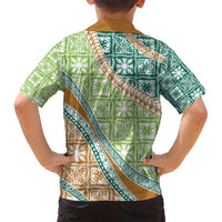Hawaiian Quilt Pattern Family Matching Long Sleeve Bodycon Dress and Hawaiian Shirt Green Chestnut Color Mixed - Polynesian Pride
