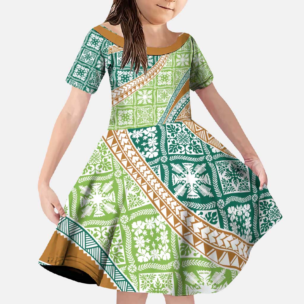 Hawaiian Quilt Pattern Family Matching Long Sleeve Bodycon Dress and Hawaiian Shirt Green Chestnut Color Mixed - Polynesian Pride