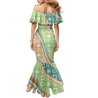 Hawaiian Quilt Pattern Family Matching Mermaid Dress and Hawaiian Shirt Green Chestnut Color Mixed - Polynesian Pride