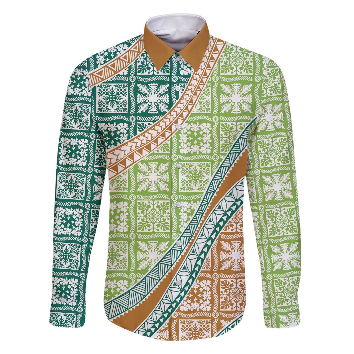 Hawaiian Quilt Pattern Family Matching Off The Shoulder Long Sleeve Dress and Hawaiian Shirt Green Chestnut Color Mixed - Polynesian Pride