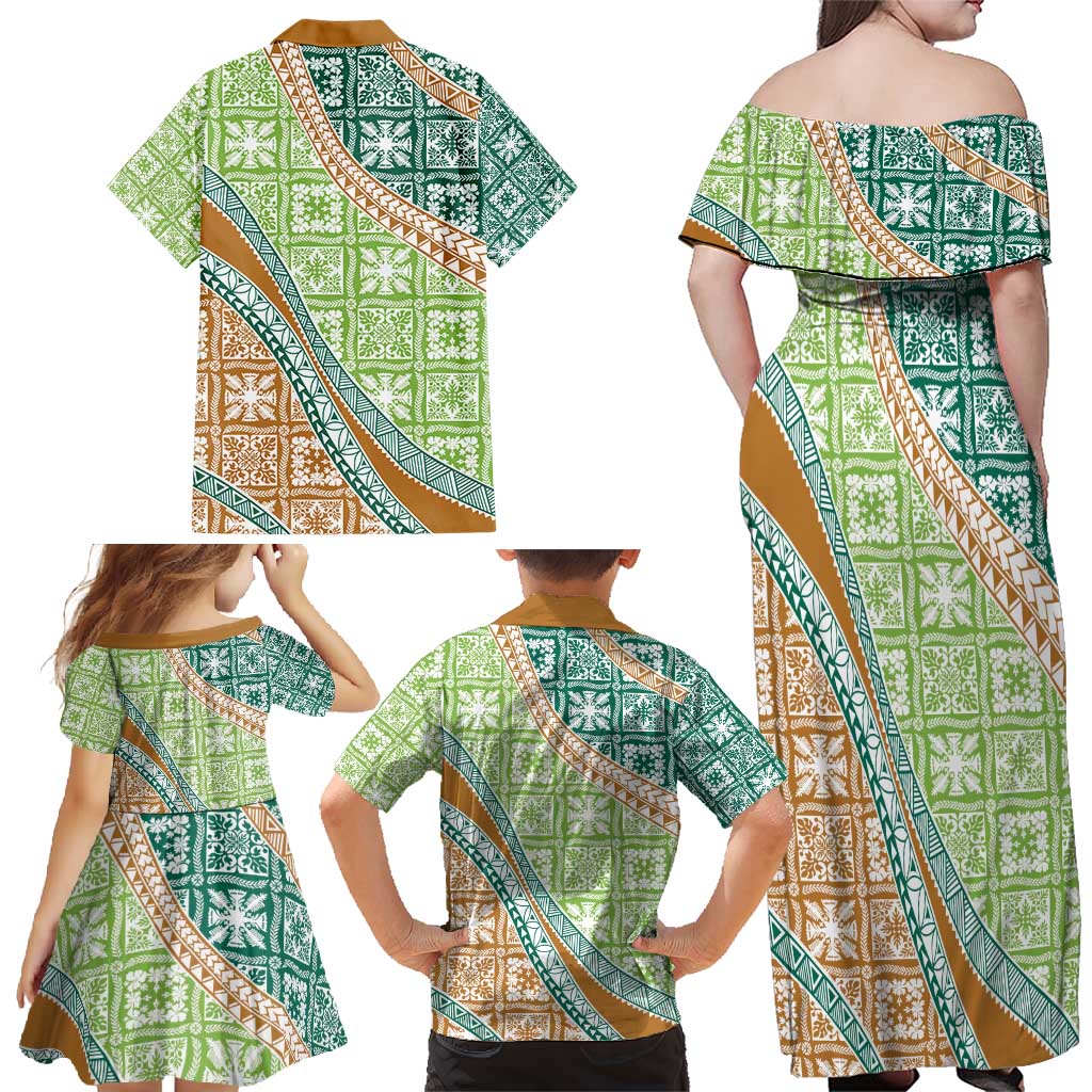 Hawaiian Quilt Pattern Family Matching Off Shoulder Maxi Dress and Hawaiian Shirt Green Chestnut Color Mixed - Polynesian Pride