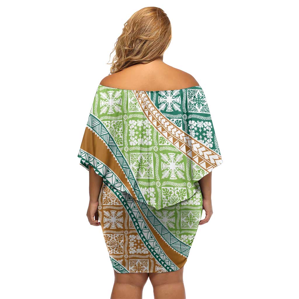 Hawaiian Quilt Pattern Family Matching Off Shoulder Short Dress and Hawaiian Shirt Green Chestnut Color Mixed - Polynesian Pride