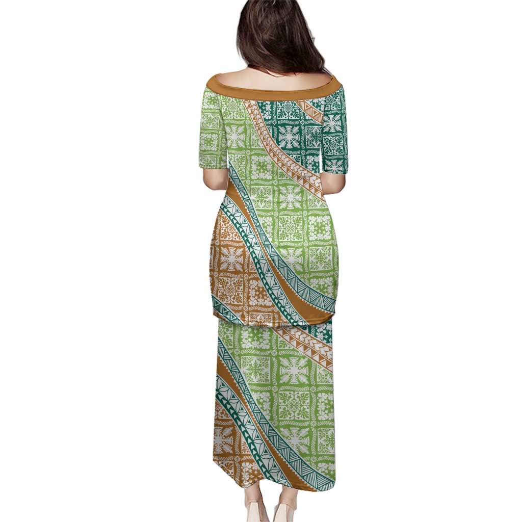 Hawaiian Quilt Pattern Family Matching Puletasi and Hawaiian Shirt Green Chestnut Color Mixed - Polynesian Pride