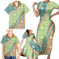 Hawaiian Quilt Pattern Family Matching Short Sleeve Bodycon Dress and Hawaiian Shirt Green Chestnut Color Mixed - Polynesian Pride